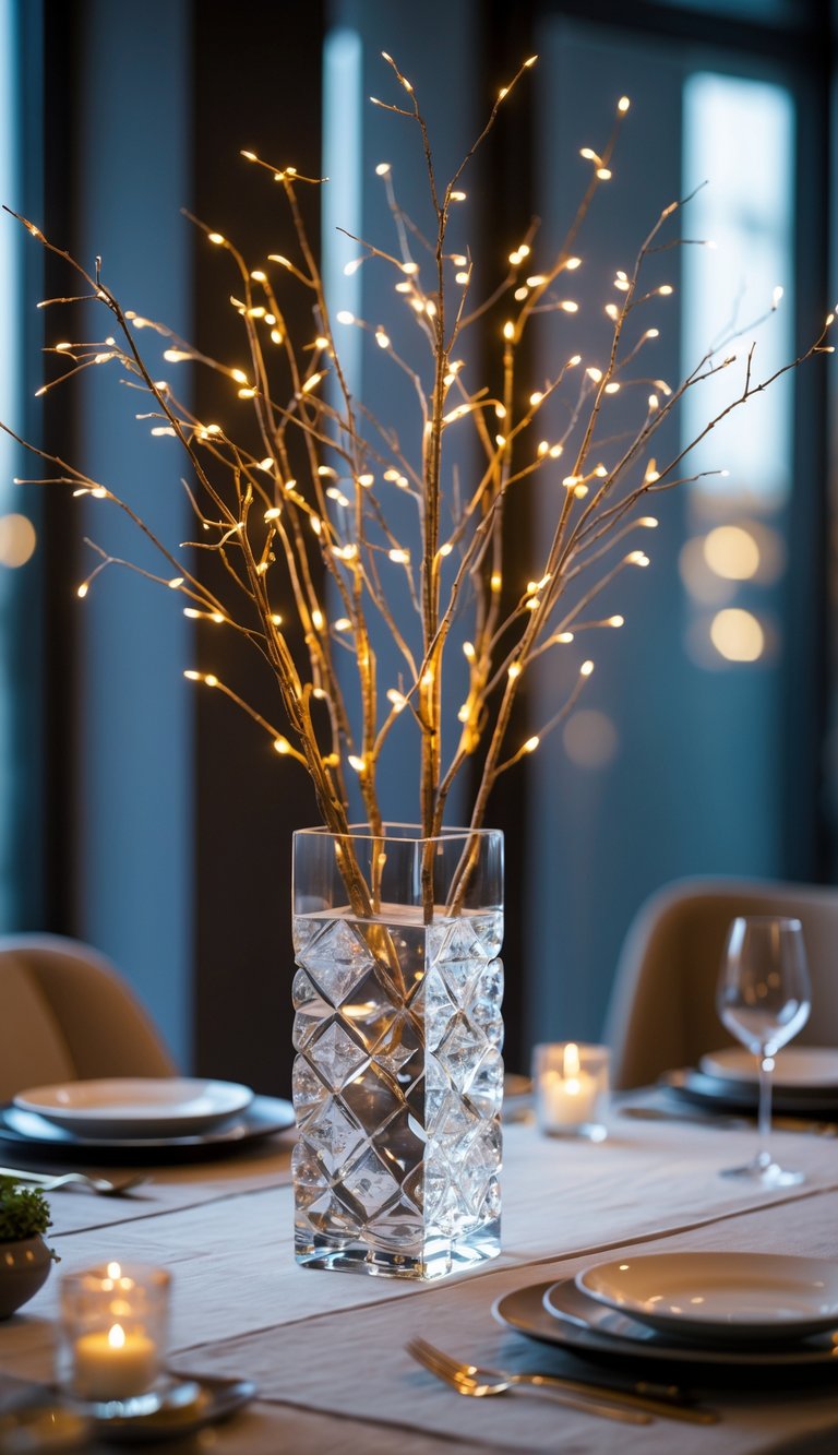 A crystal vase with tall branches wrapped in fairy lights on a dining table.